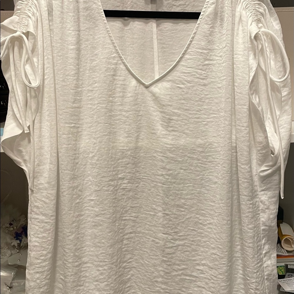 White v neck blouse with adjustable drawstring shoulders